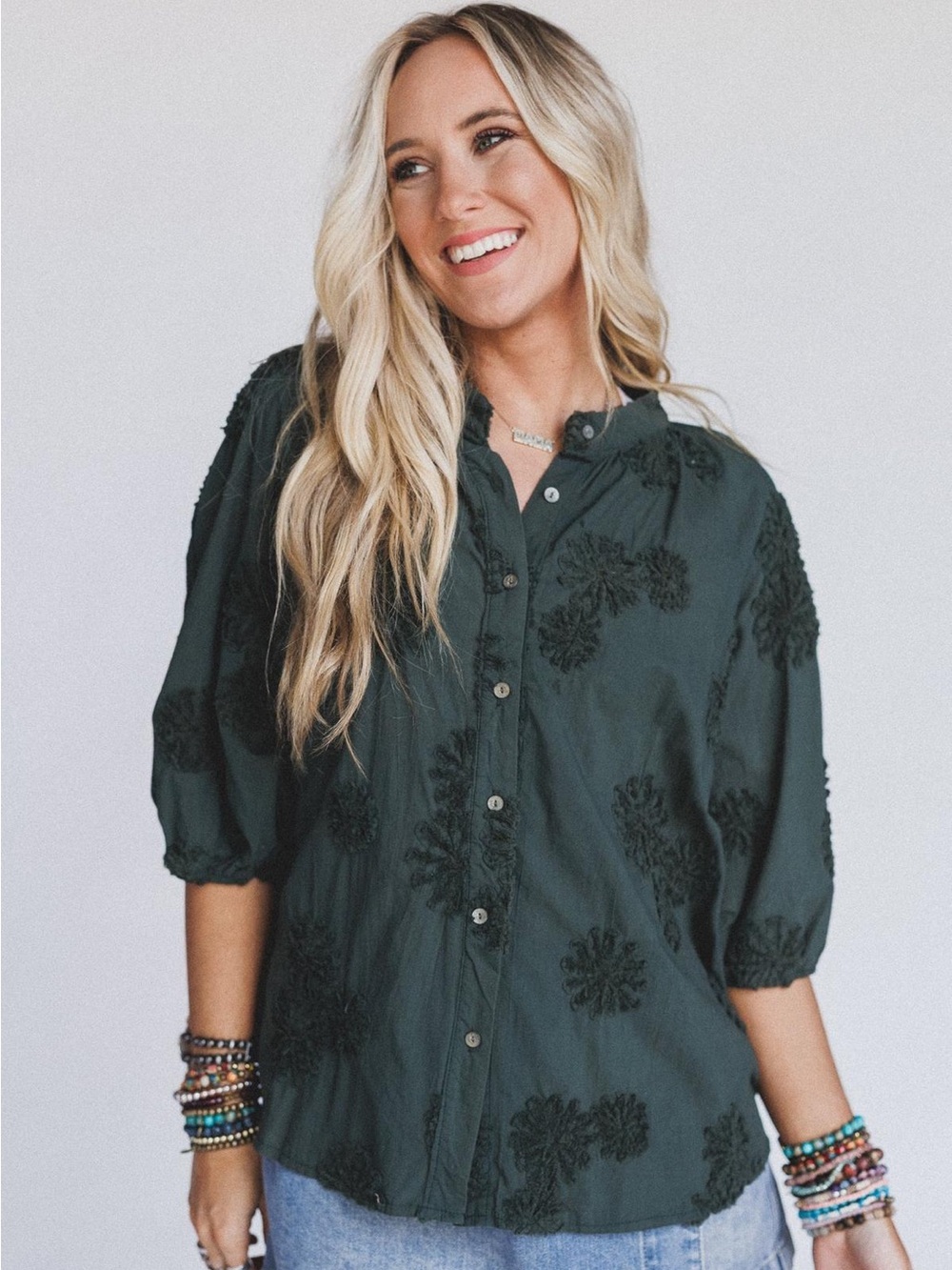 Green Embossed Floral Top